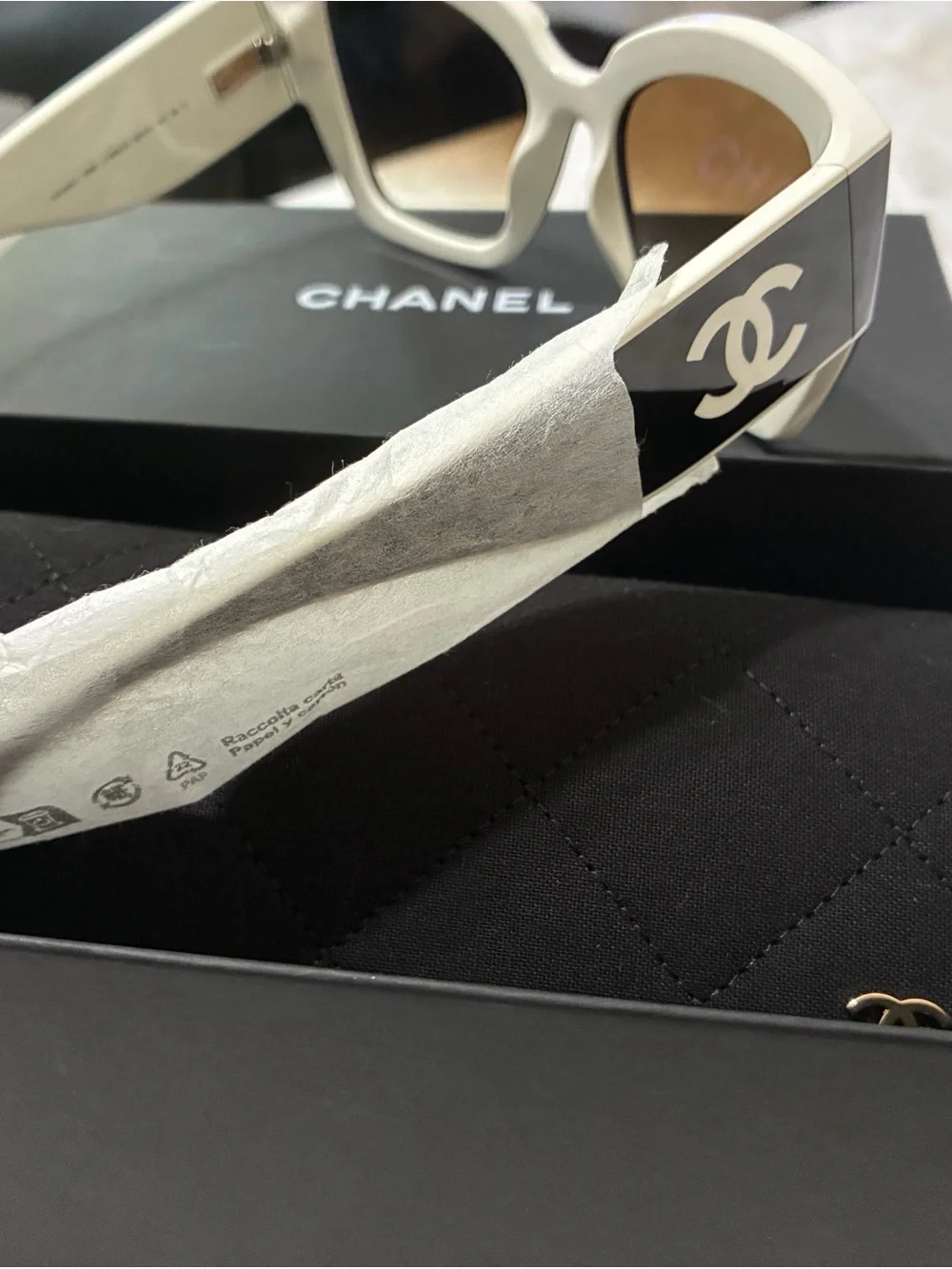 CHANEL Black and White CC Logo Temple Sunglasses